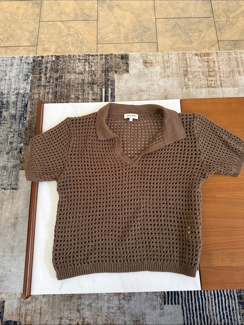 NAF NAF Brown Open-Knit Polo Sweater